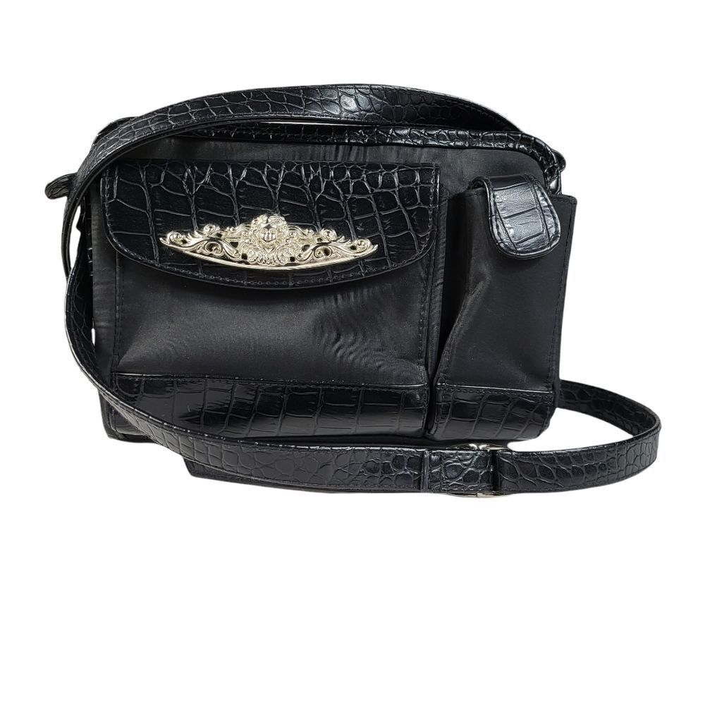 Black Faux Leather Croc Trim Casual Small Saddlebag Cross Body Purse